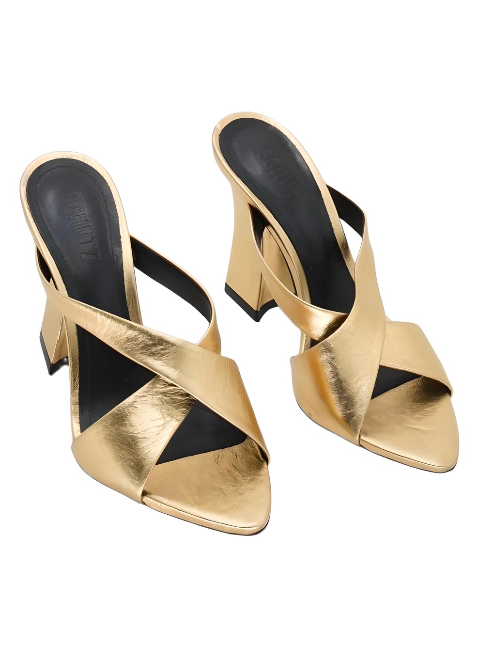 Schutz Glenda Gold Metallic Crisscross Block Heel Sandals Size 6.5B